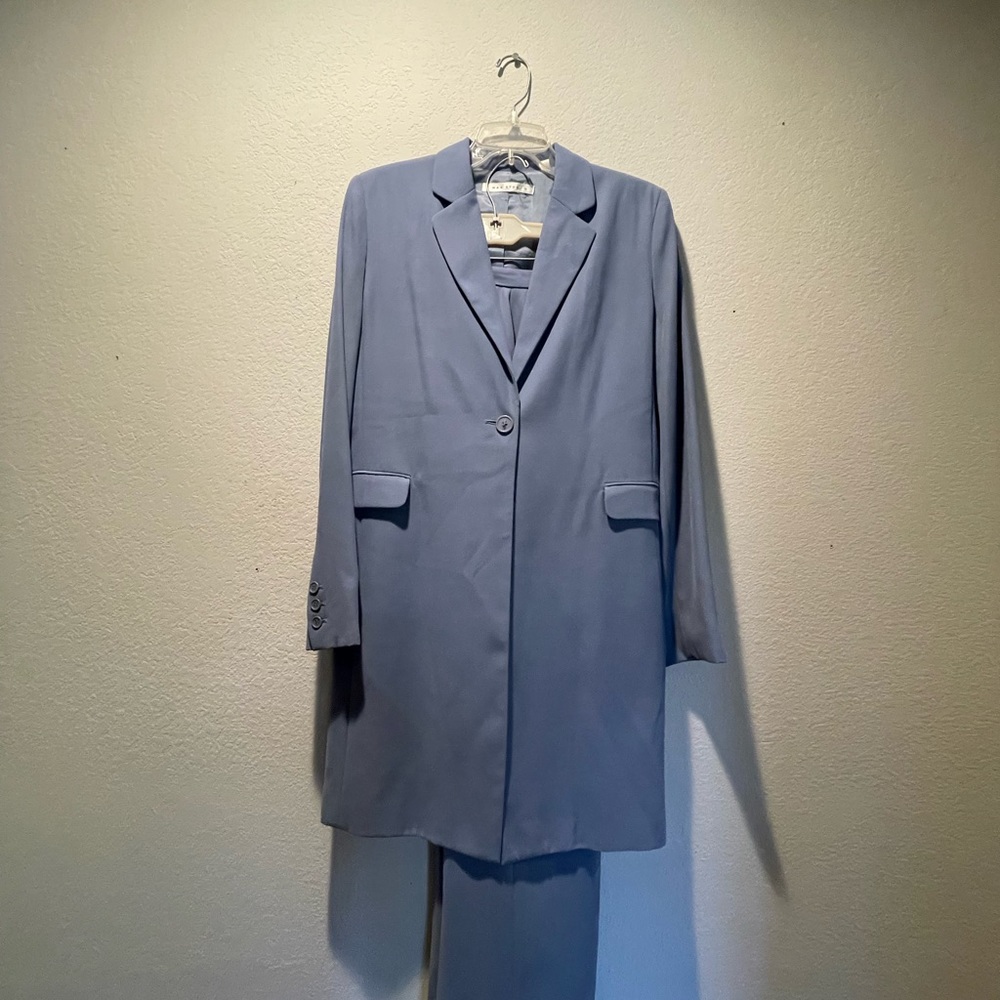 Max Studio slate blue pant suit. Long coat